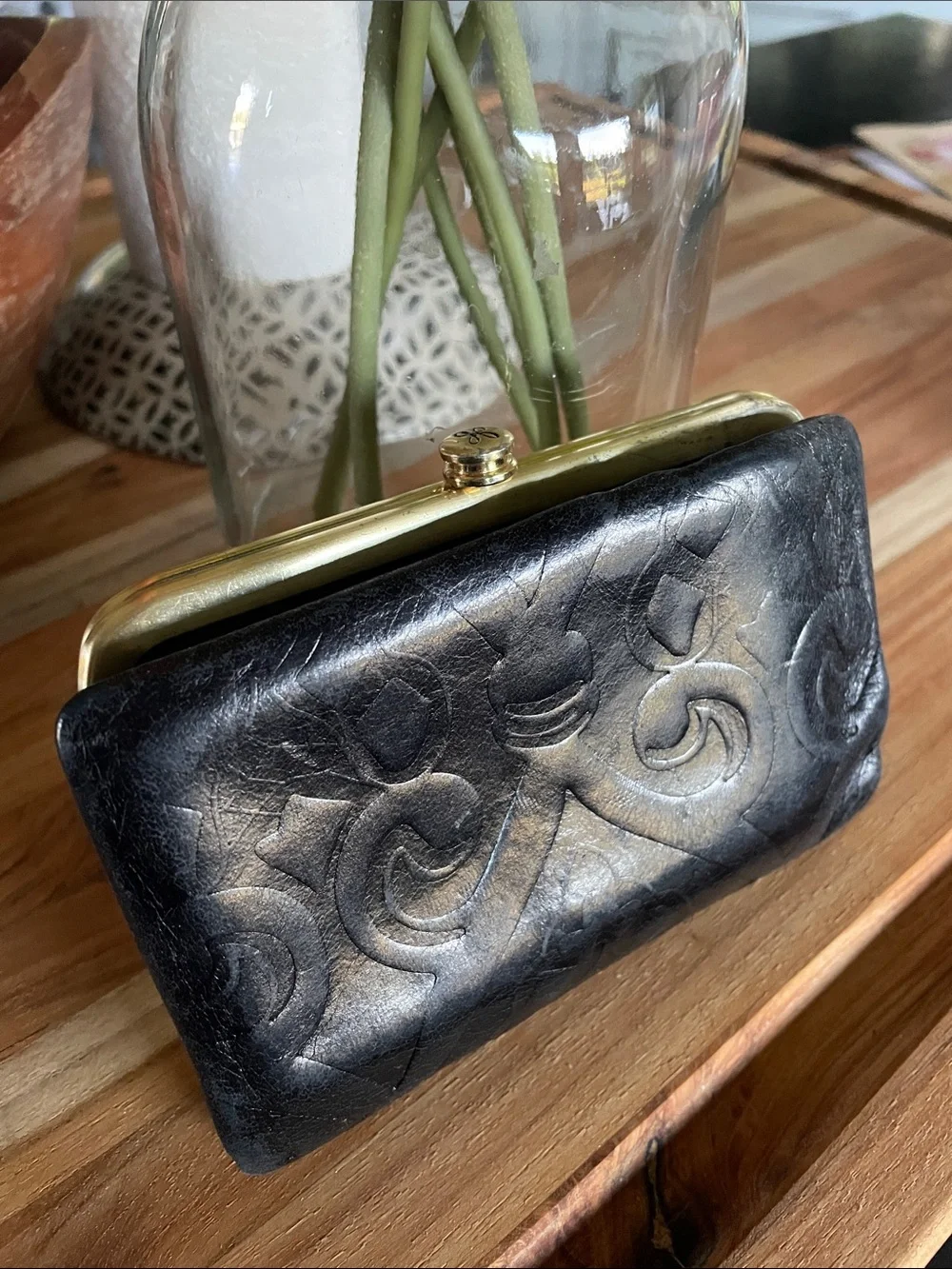 HOBO Classic Black Embossed Frame Clutch with Gold Hardware